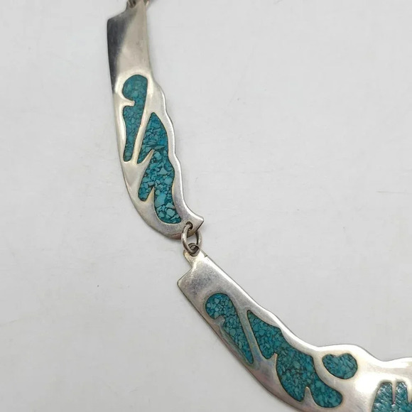 Vintage Alpaca Mexico Silver Blue Crushed Turquoise Inlay Necklace - Picture 3 of 7